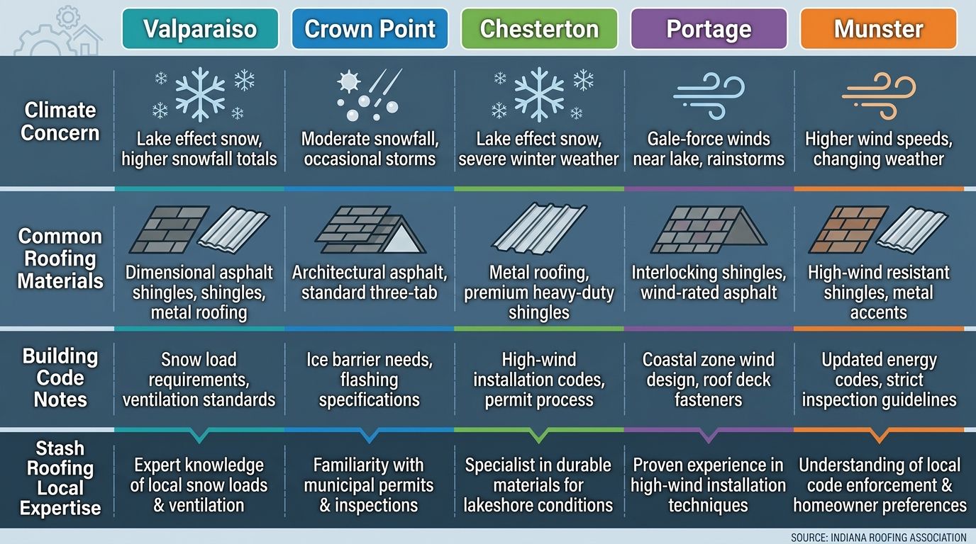 Infographic comparing roofing considerations across five Northwest Indiana cities including Valparaiso