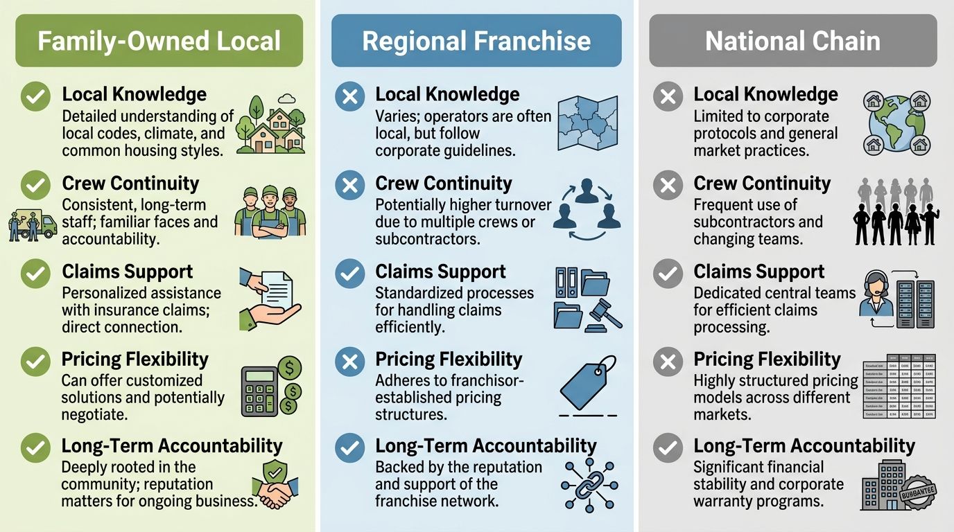 Three-column comparison infographic of Northwest Indiana roofing companies: Family-Owned Local vs Regional Franchise vs National Chain with attributes and color coding.