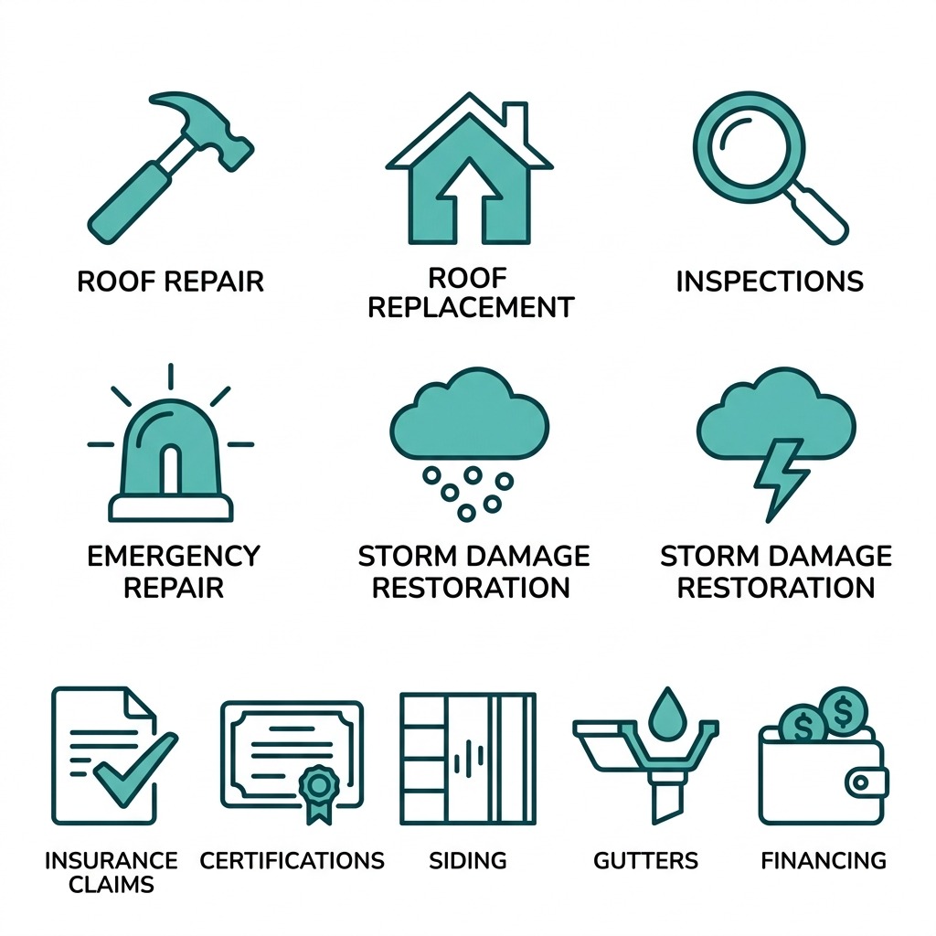 Set of 10 outline icons for roofing services including roof repair, replacement, inspections, emergency repair, storm damage restoration, insurance claims, certifications, siding, gutters, and financing, displayed in a grid of two rows of five on a white background