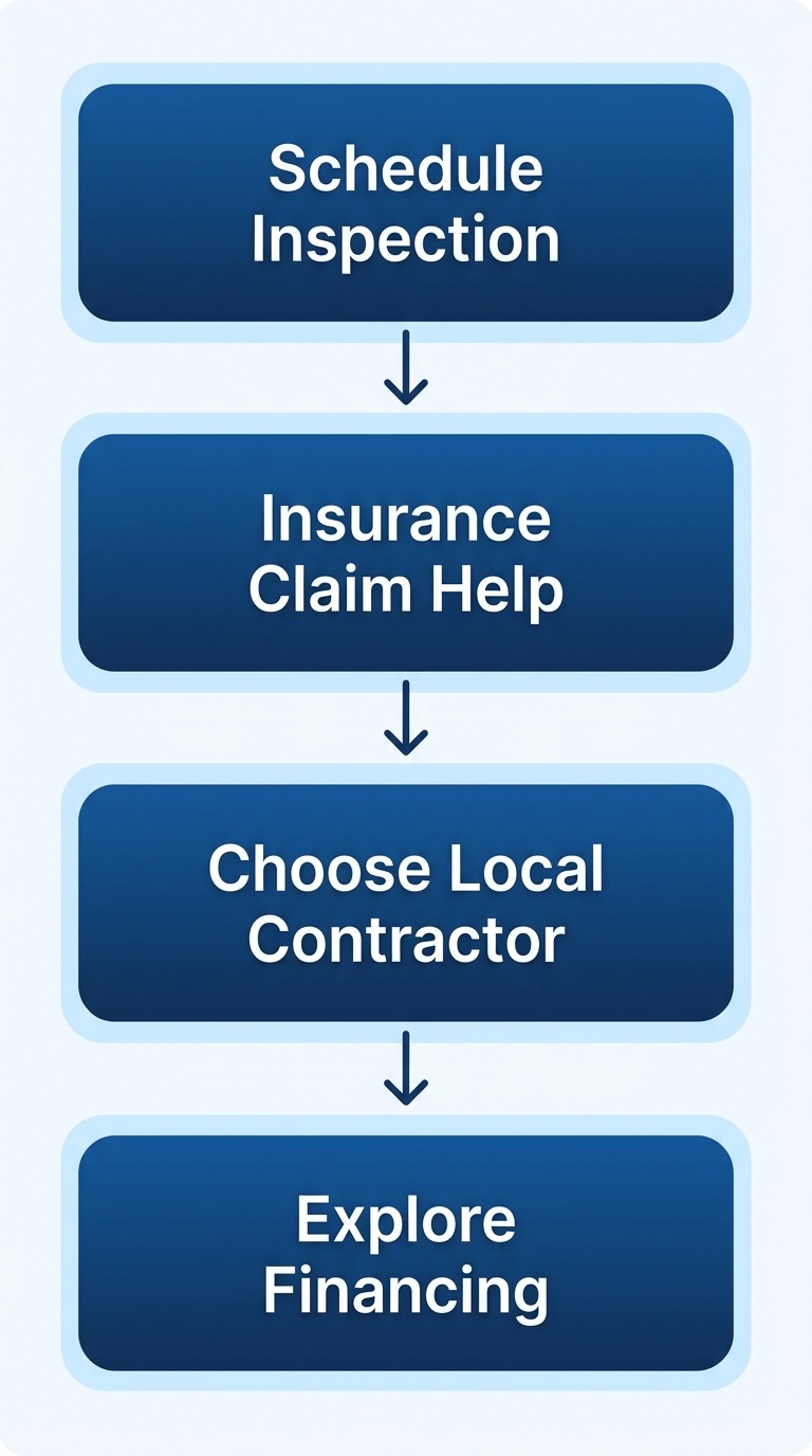 Step by step process for beginning a roofing project in Northwest Indiana, with four stages: schedule free inspection, insurance claim assistance, choose local contractor, and explore financing, connected by downward arrows