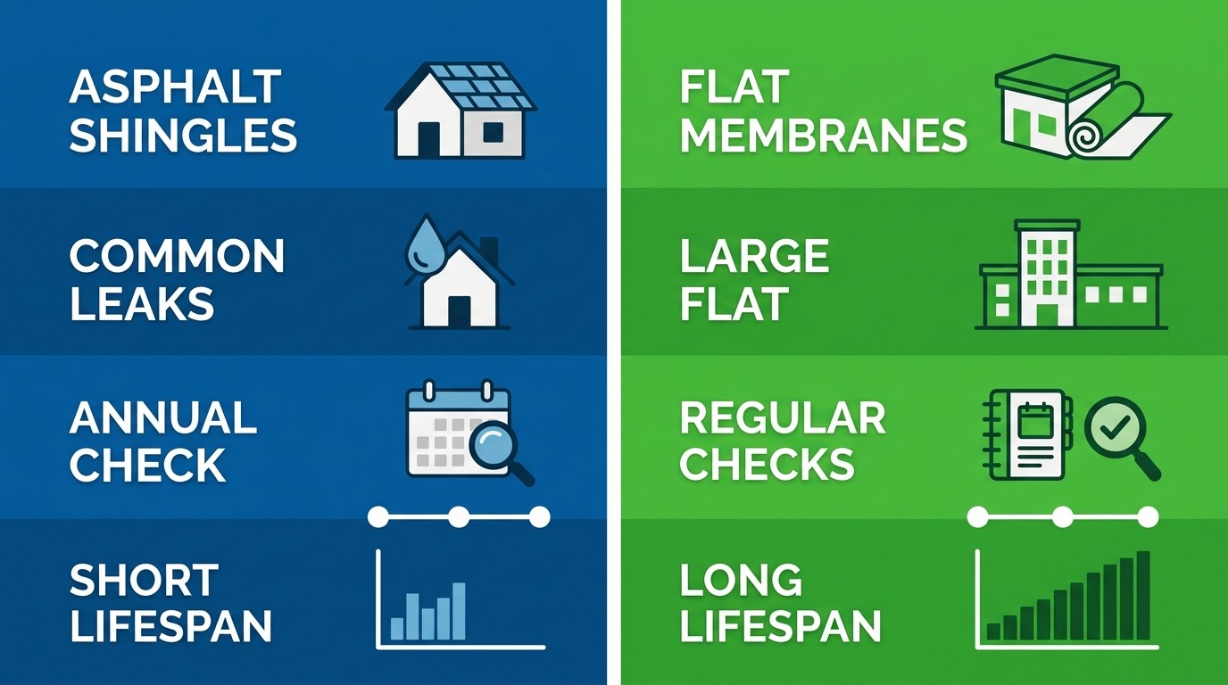 Split infographic comparing residential and commercial roofing in Chesterton with color-coded panels