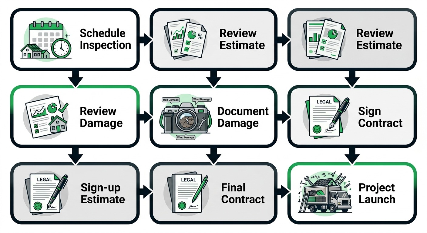Vertical five-step process flow for starting a roofing project in Northwest Indiana, showing steps with icons and labels.