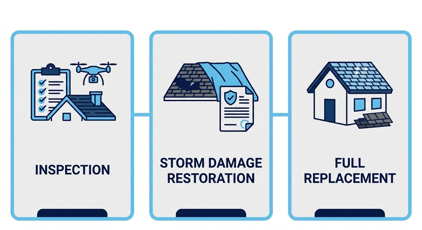 Three steps of roof replacement journey: inspection, storm damage restoration, and full replacement with icons and descriptions.