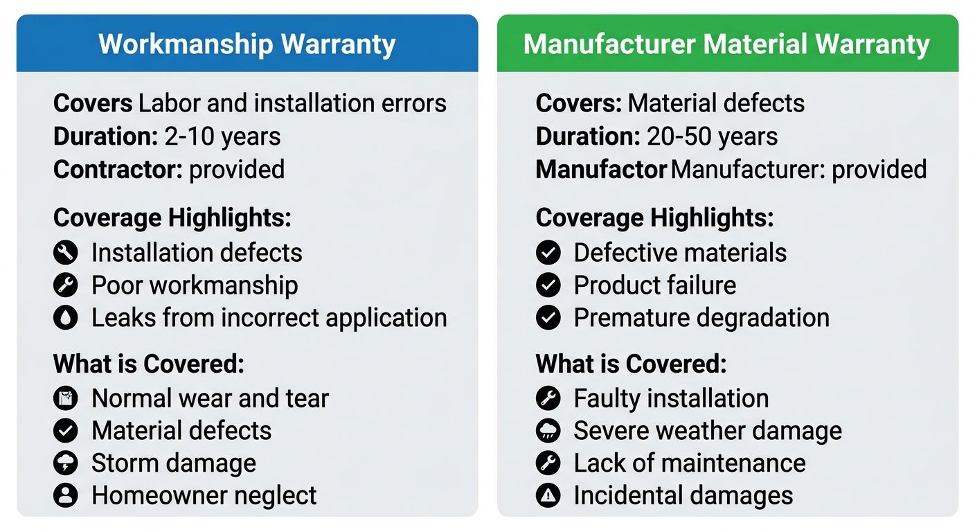 Side-by-side comparison infographic of workmanship and material warranties for Valparaiso homeowners