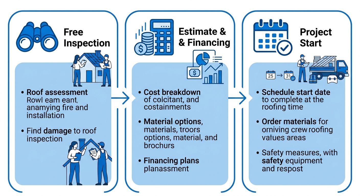 Three-step process for starting a roofing project: Free Inspection, Estimate & Financing, and Project Start with icons and arrows connecting rounded boxes