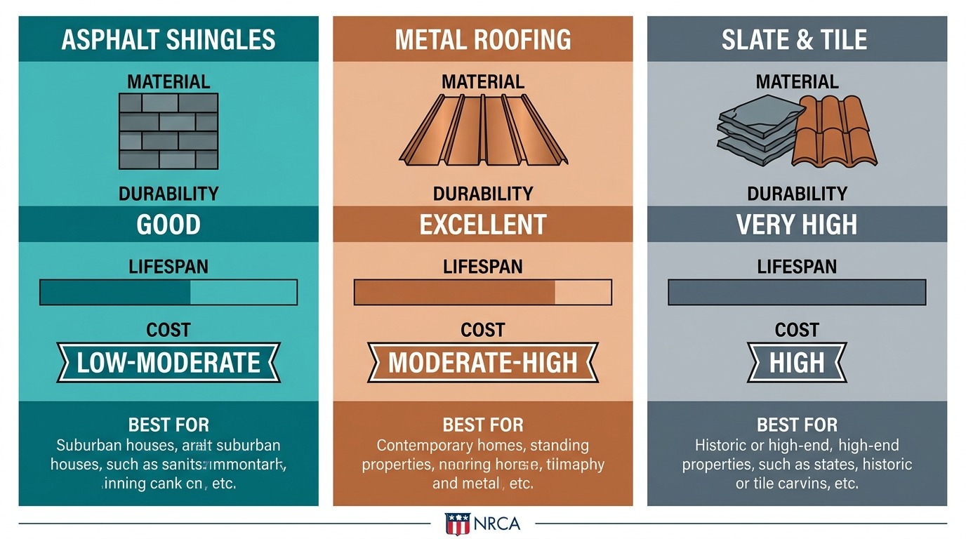 Three-column infographic comparing asphalt shingles, metal roofing, and slate/tile with durability ratings and cost levels.