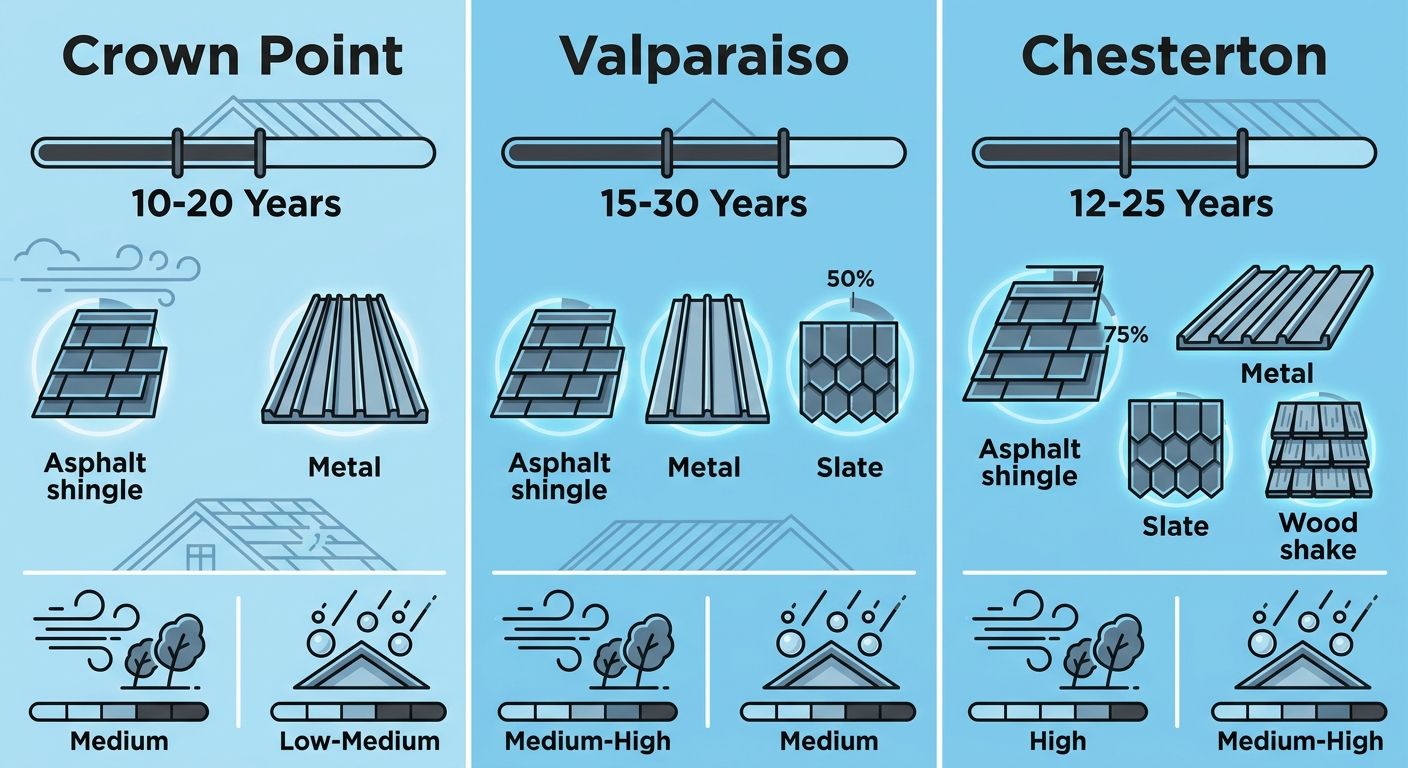 Infographic comparing roofing characteristics across Crown Point, Valparaiso, and Chesterton.